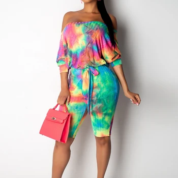 

Plus Size Colorful Tie Dye Print Off Shoulder Backless Playsuits Women Slash Neck Half Sleeve Hollow Out Bandage Slim Jumpsuits