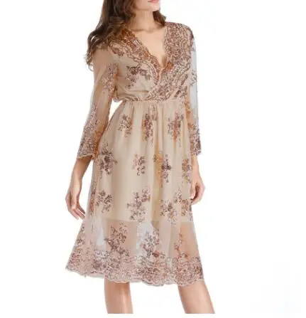 

Champagne Sequin Party Dress summer sexy Long sleeve V-neck Women Sexy Lace Mesh Patchwork loose Mid dress