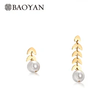 Baoyan Trendy Korean Stainless Steel Fish Bone Stud Earrings Gold Silver Asymmetric Round Natural White Pearl Earrings For Women