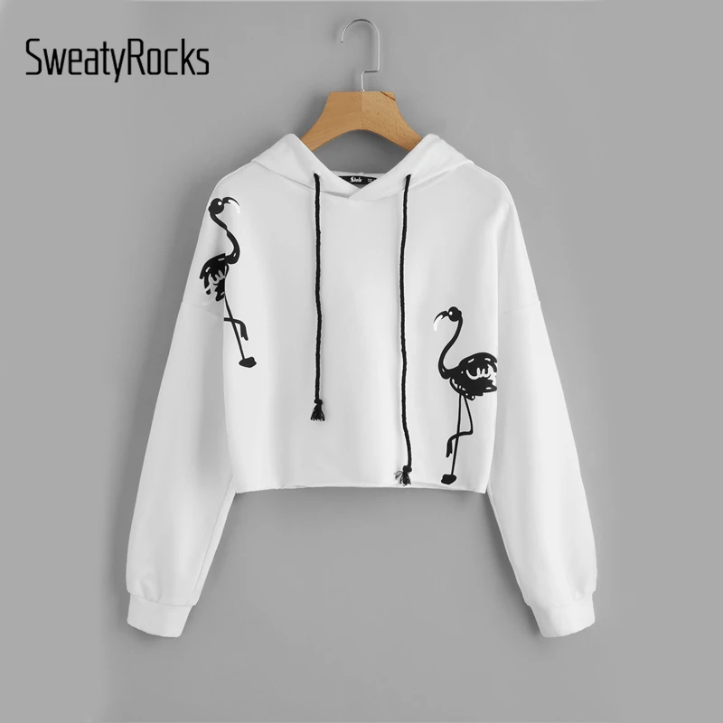 

SweatyRocks Flamingo Print Drop Shoulder Hoodie White Long Sleeve Sporting Pullovers Sweatshirt Women Casual Workout Sweatshirt