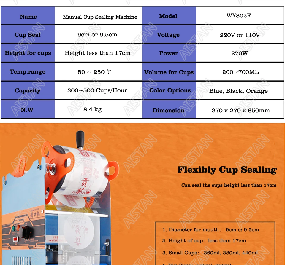 WY802F Manual Plastic or Paper Bubble Tea Cup Sealer 220V 110V Hand Held Cup Sealing Machine with Parts Film Commercial Use