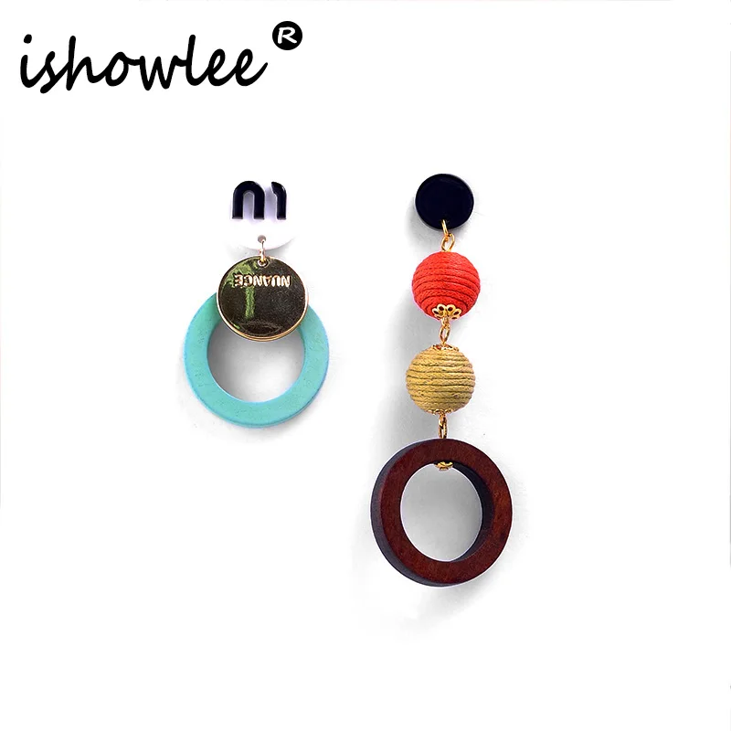 

ISHOWLEE Fashion Boho Asymmetrical Women's Drop Earrings Vintage Colorful Rope Balls Wood Hoop Big Earrings Unique Jewelry bxa22