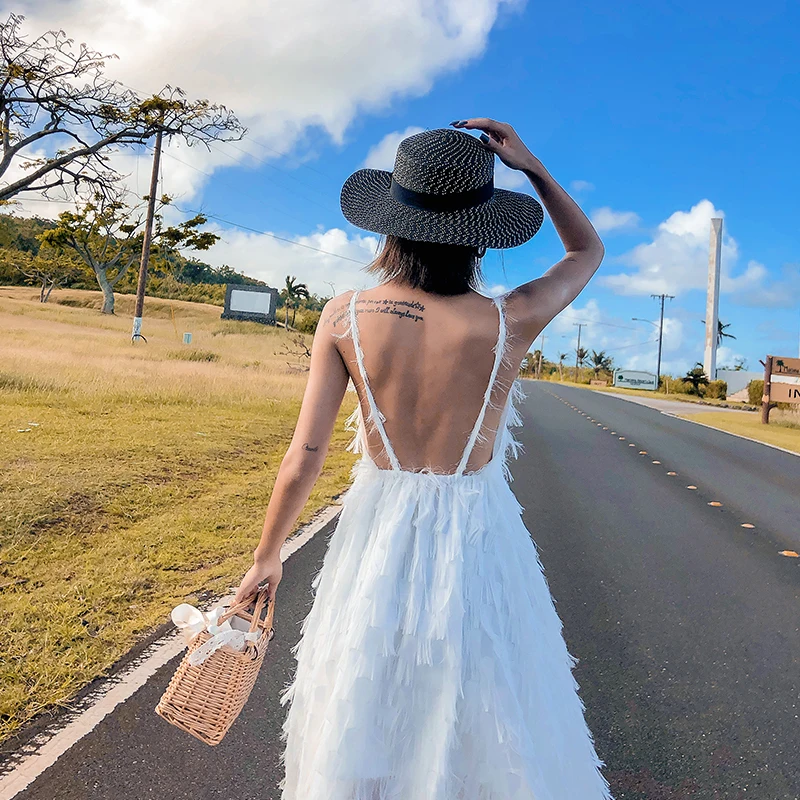YOSIMI 2019 Summer Women Beach Dress Maxi Long Holiday White Dress V-neck Sleeveless Backless Sexy Lady Strap Bohemian Dresses