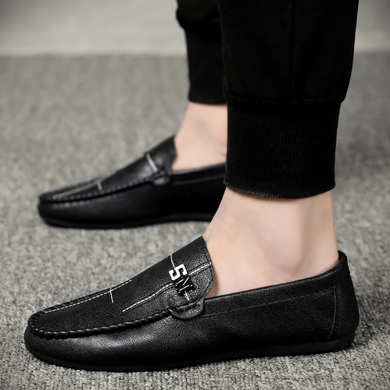 

POSTOBON Mens Shoes Leather Genuine Loafers Outdoor Breathable Casual Sneakers Flats Waterproof Driving Shoes Slip on Black