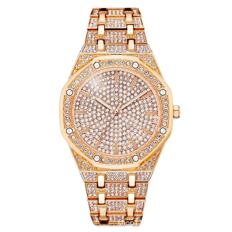 

High-End Men and Women With The Same Full Rhinestone Large Dial Watch With Diamond Stainless Steel Strap Tide Table Watch