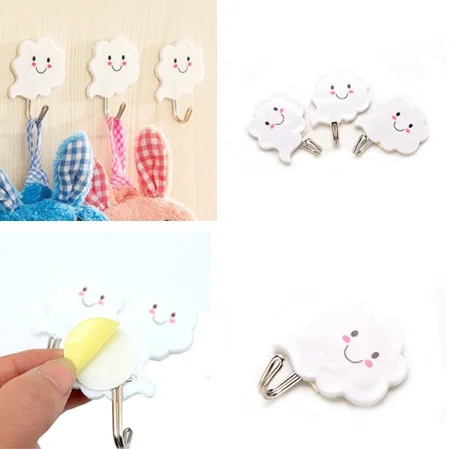 3pcs Cloud Shape Self Adhesive Wall Hooks Cute Hanger For Clothes Bags Hats Key Towel Bathroom Kitchen Useful Accessories