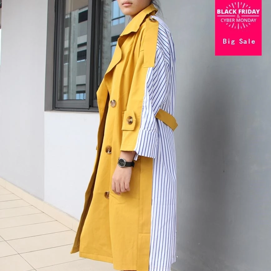 Femme Bande Manches Yellow À Taille Style Gx1355 Manteaux Survêtement Mode Décontracté De Longues Mince Patchwork Long Ceintures Double Trench Boutonnage wtqFrt7