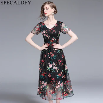 

2020 Summer Dress Women Short Sleeve Sexy Sheer Floral Embroidery Mesh Dress Ladies Vintage Dresses Midi-calf Robe Femme