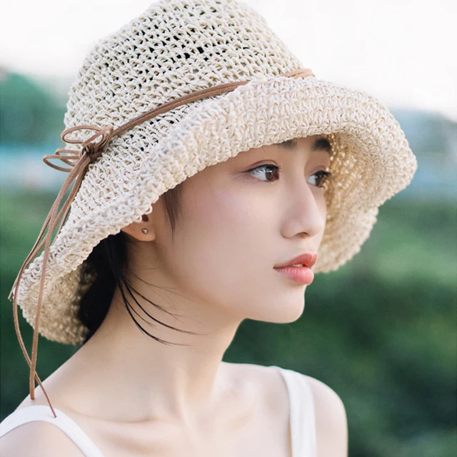 Summer Raffia Handmade crochet soft fold Straw sun hat for women girls
