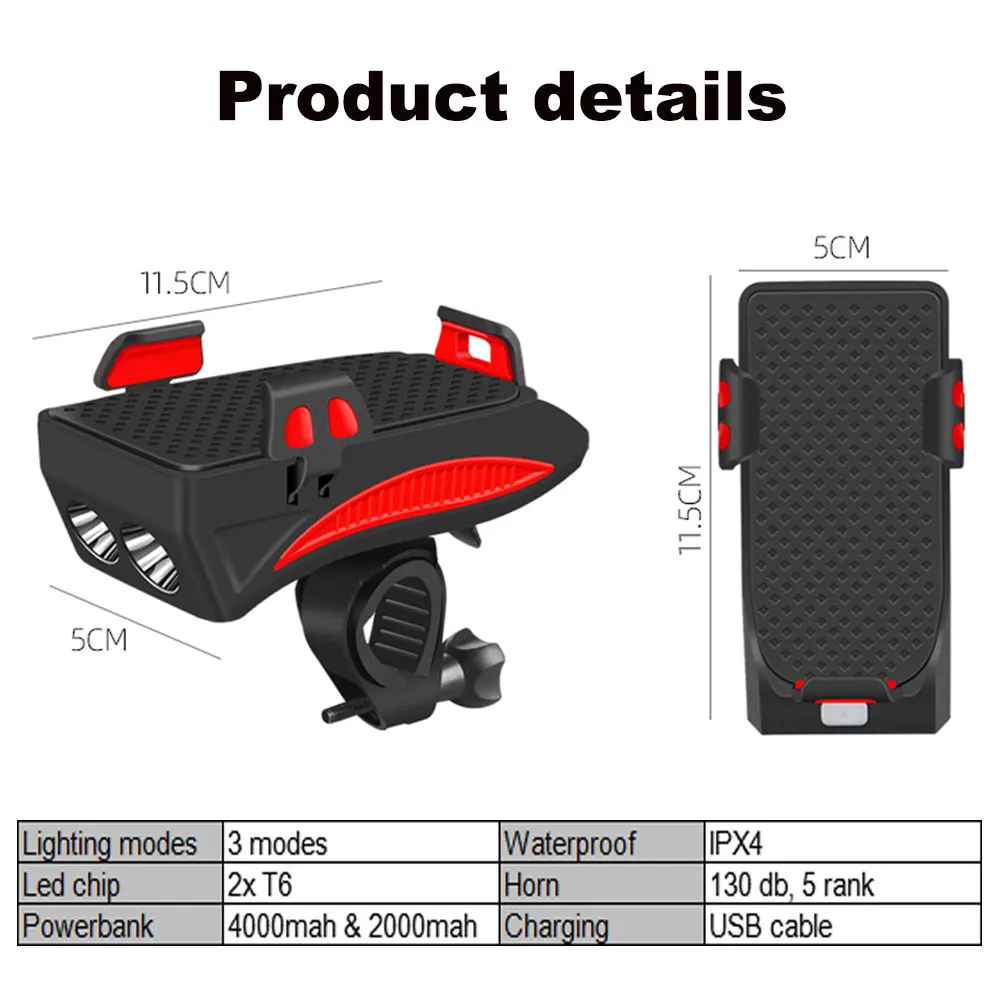 5 функций, 3 режима, велосипедный светильник, велосипедный держатель для телефона, внешний аккумулятор, велосипедный головной светильник, USB Перезаряжаемый велосипедный передний фонарь с колокольчиком
