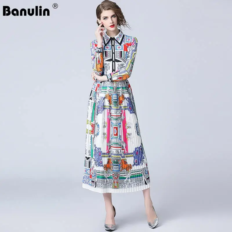 

Banulin Women Dresses 2018 High Quality Runway Turn-down Collar Long Sleeve Floral Retro Print Pleated Elegant Shirt Maxi Dress