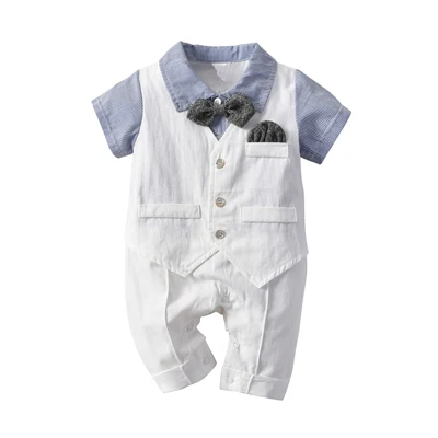 Формальные новорожденных Для маленьких мальчиков повседневное Песочник Комбинезон хлопковый короткий рукав одежда Летний Пляжный костюм наряды поддельные - Цвет: Blue