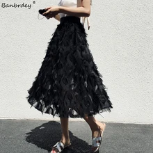 Новинка, женские юбки с перьями и кисточками, модная длинная юбка с эластичной талией и высокой талией, винтажная изящная белая черная юбка миди, Saias