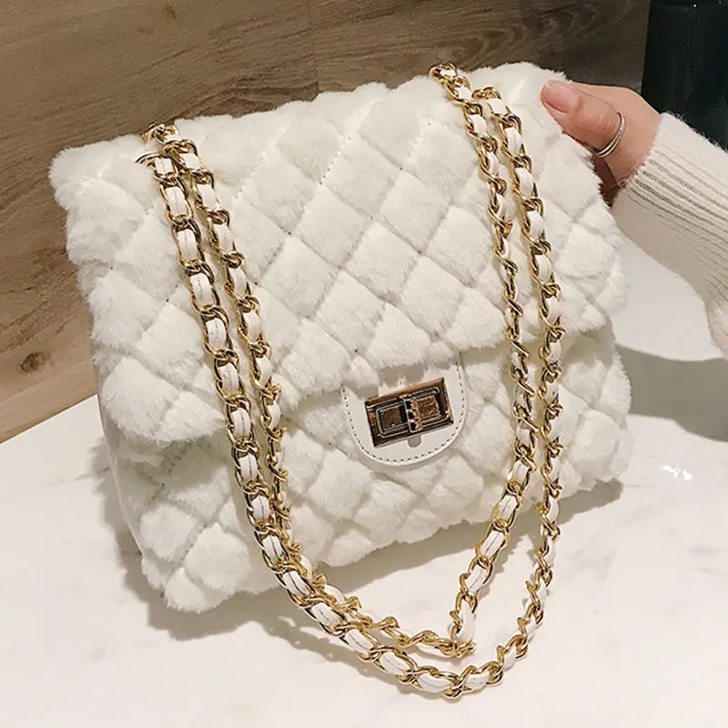 

Youbroer Versatile One-shoulder Crosslink Chain Fashion Lock with Velvety Satchel Diamond Lattice Velour