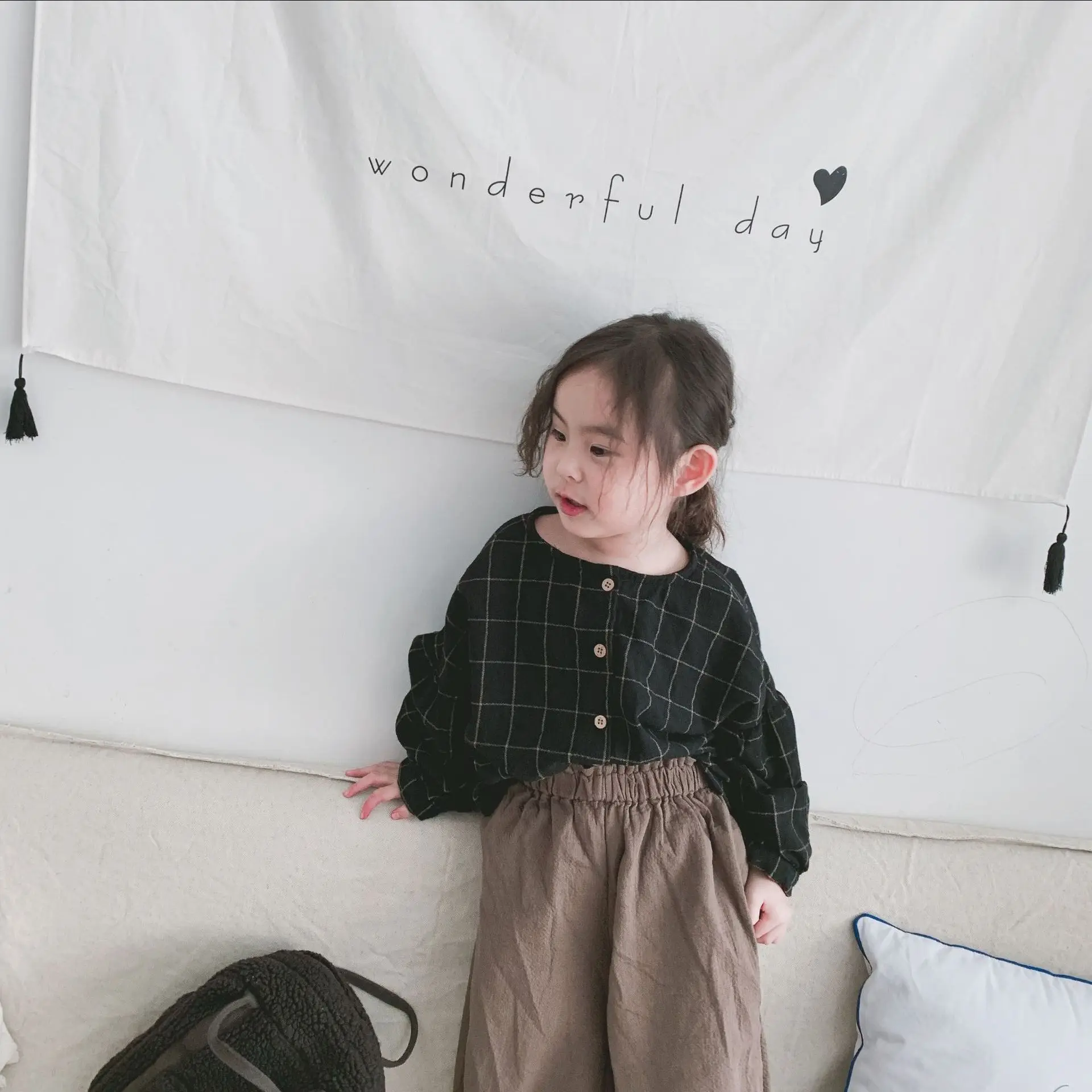 Корейская Весенняя детская клетчатая блузка для девочек льняная одежда для девочек Повседневная модная детская одежда