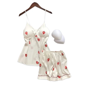 

Sexy strawberry satin silk short pyjamas women spaghetti strap sleepwear women pajama sets shorts indoorwear homewear