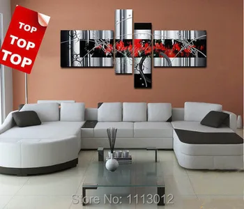 

Hot Lage Modern Abstract Black Line Star Red Flower Oil Painting On Canvas 4 Panel Art Set Home Wall Decorative For Living Room