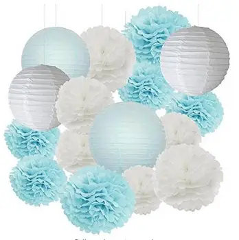 

18 pcs Boy Baby Shower Decorations White and Baby Blue Mixed Tissue Pom Pom Flower and Paper Lantern Party Favors Decorations