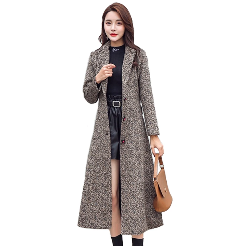 

Lengthen Woolen Coat Women Autumn Winter Korean Popular Single-breasted Belt Slim Jacket Female Plus size Woolen Jackets N376