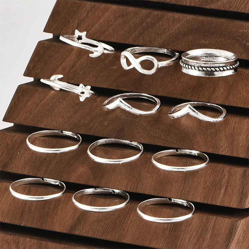 Простые женские кольца, 8 надписей, звезда, Луна, v-образное кольцо на кончик пальца, серебряное кольцо, набор, модные женские банкетные вечерние ювелирные изделия, аксессуары