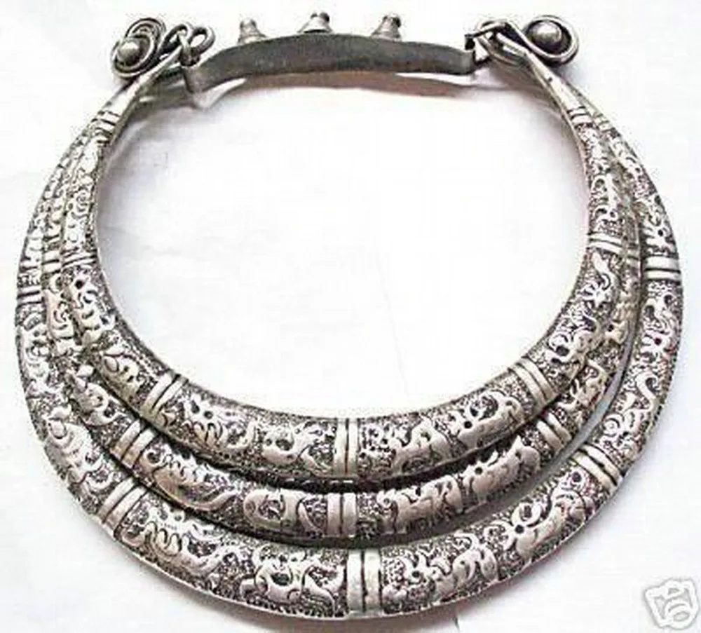 

old superb Collectible Excellent 3row tibet Hmong Silver necklace wholesale factory Bronze Arts outlets