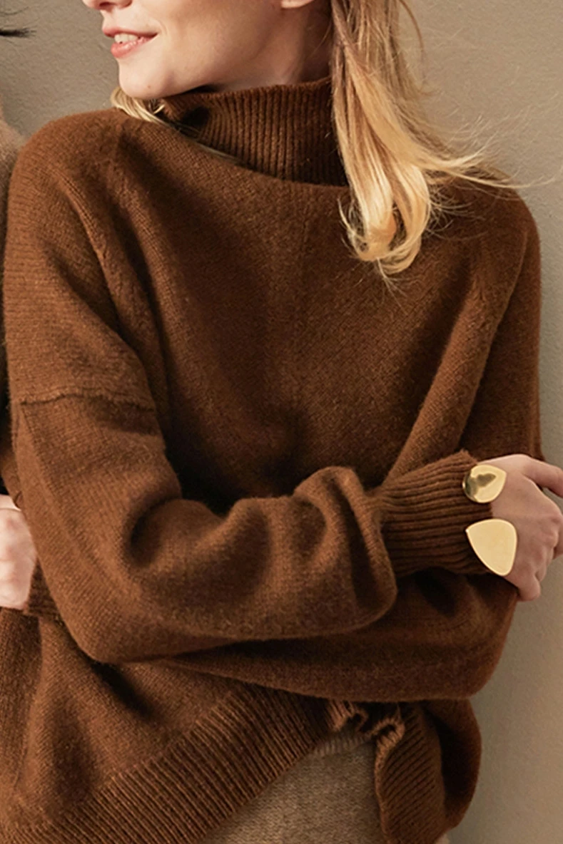Двойной плотный свободный кашемировый свитер с высоким воротом, женский свитер, мягкий приятный для кожи кашемировый пуловер, короткая вязаная рубашка