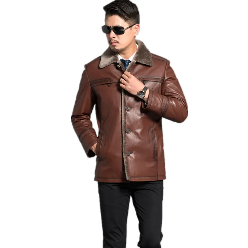 Excellent AYUNSUE Genunie Mens Leather Jackets Red Brown 2019 Winter Leather Men