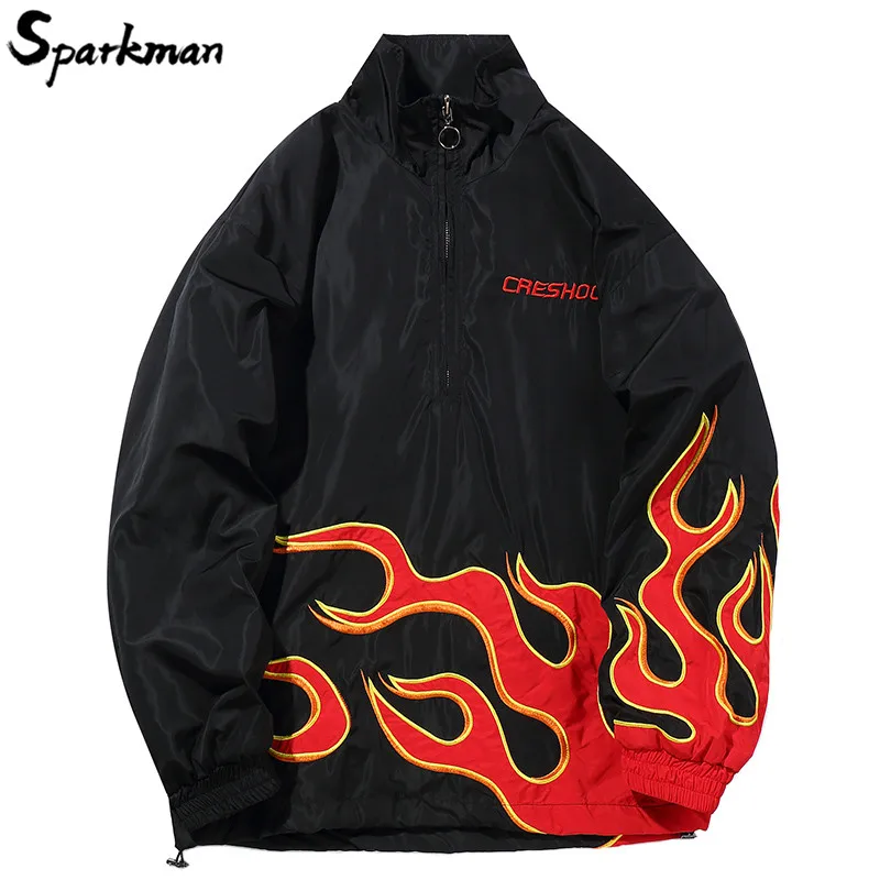 Buy Harajuku Fire Flame Embroidery Jacket Windbreaker
