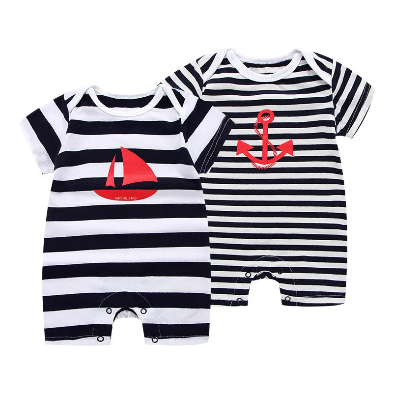 New Striped Baby Romper Cotton Blue Short Sleeve Turn down Collar Soft