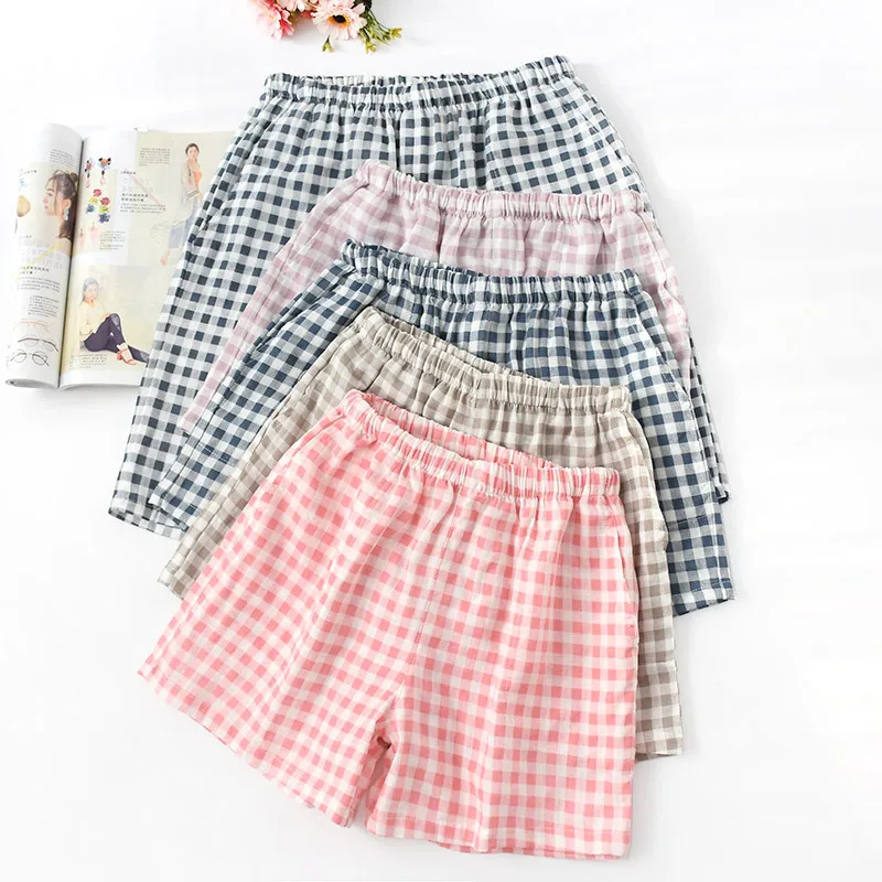 New Summer Couple Plaid Shorts Cotton Gauze Thin P