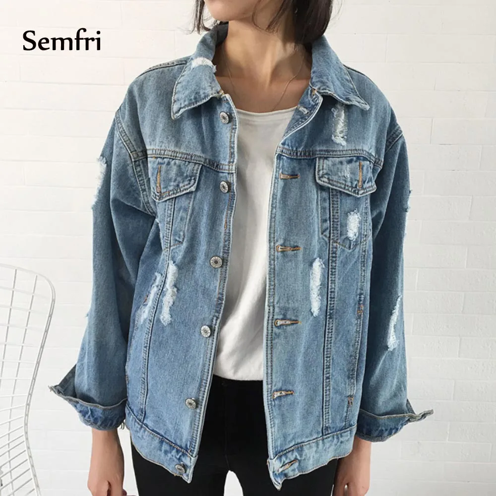 

Semfi Jeans Jacket Female Coat Korean Clothing Loose Pockets 2019 Autumn Outwear Jaquetas Distressed Top Cowboy Winter Jean Coat