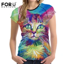 FORUDESIGNS Cute 3D Cat Painting T Shirt Woman Tops Fashion Shirt For Ladies Casual Clothes O Neck Summer Breath Women Tee Shirt