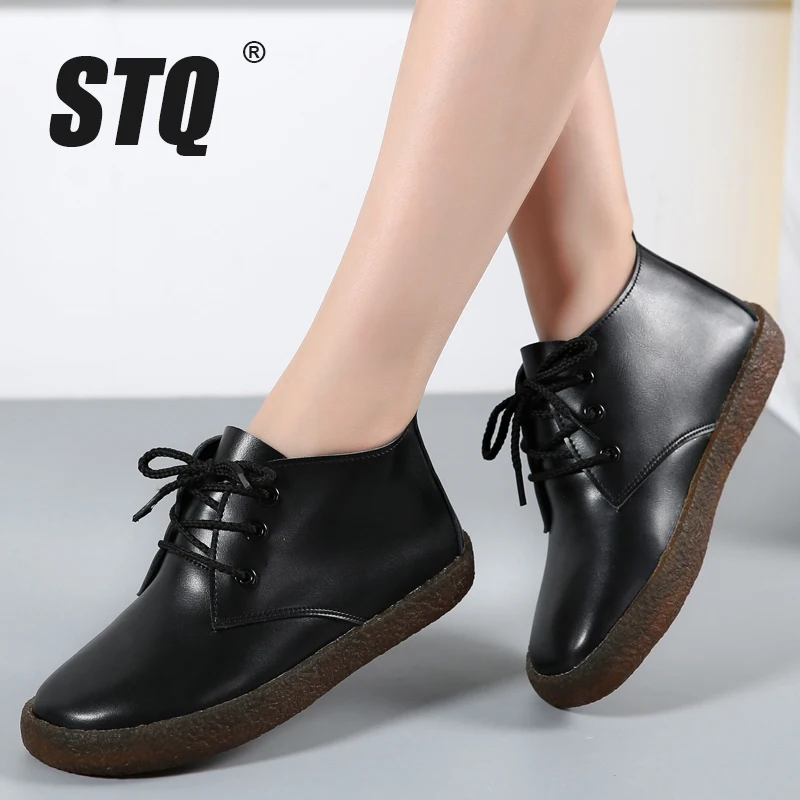 

STQ 2019 Winter women ankle boots flat snow boots shoes women leather motocycle boots ladies high rain rubber boots footwear 907