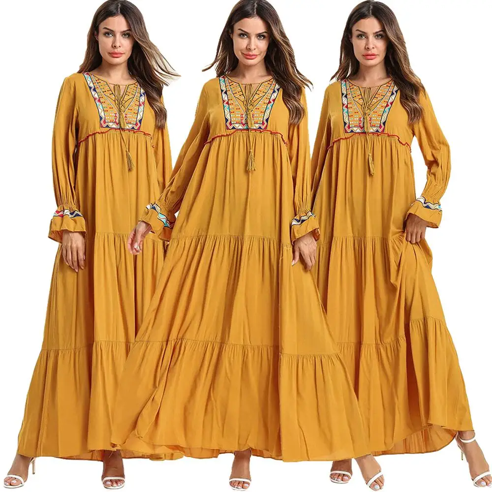 Этническая Вышивка женское длинное платье Весна 2019 милые женские платья-Макси кисточка мусульманская повседневная одежда желтый