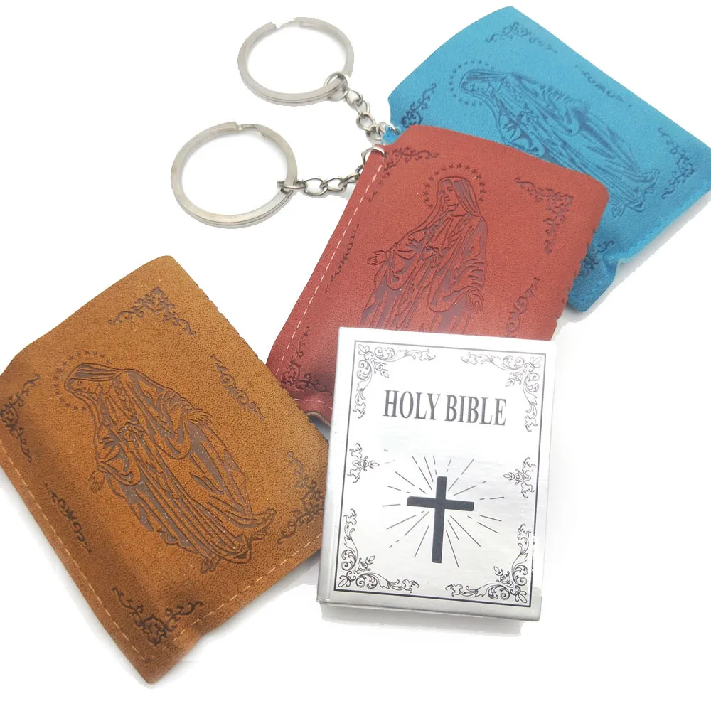 

FREE SHIPPING BY DHL 100pcs/lot 2018 New Design Mini Holy Bible Keychains Holy Bible Keyrings With Leather Bag Jesus Image