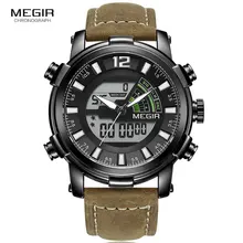Megir Мужские Цифровые кварцевые часы с хронографом, спортивные часы с двойным часовым поясом, кожаный ремешок, светящиеся стрелки, наручные часы, мужские 2089G, черные