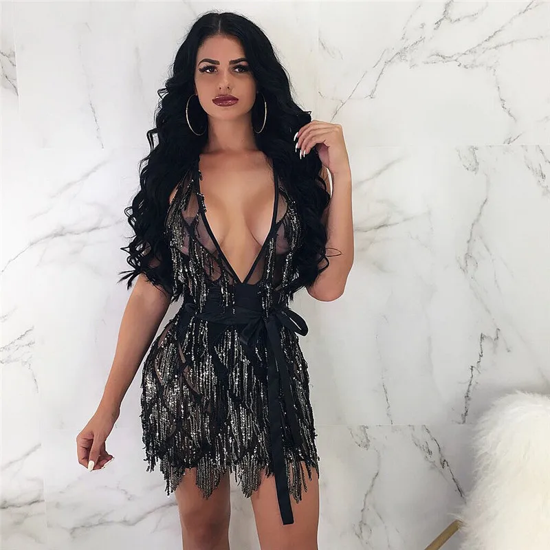 FREE SHIPPING Clubwear Outfits Sparkle Backless Tassel Sequin Dress JKP4840 