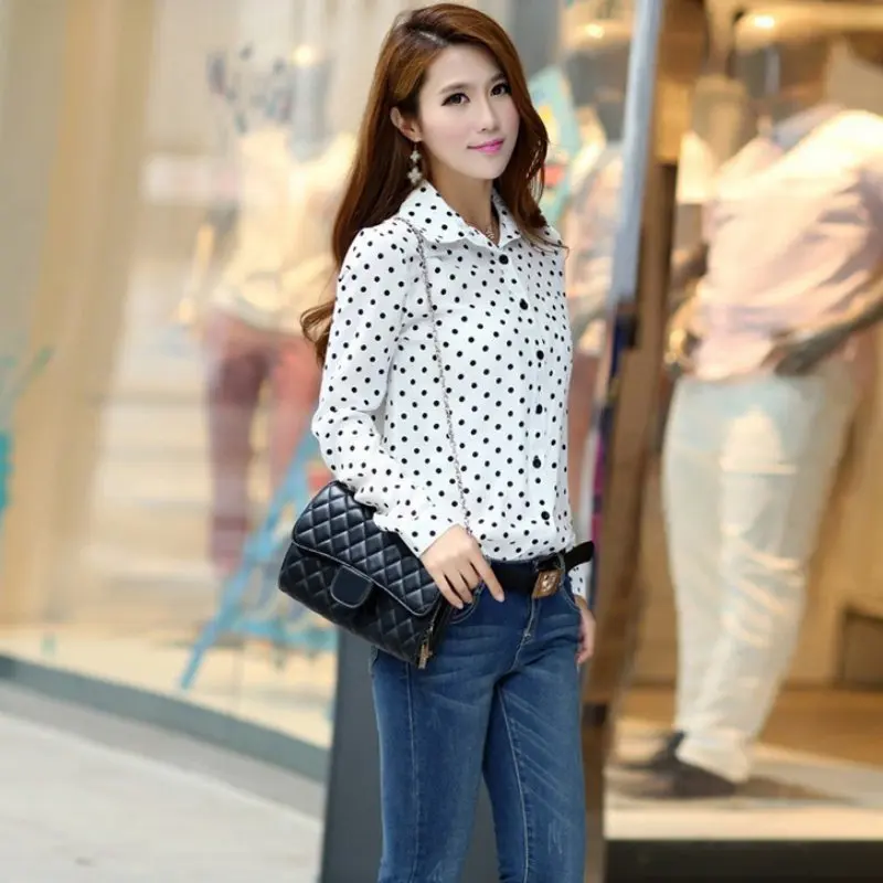 

Plus Size Autumn Women Blouses Summer Polka Dots Vintage Design Long Sleeve Turn Down Collar Clothing Shirt