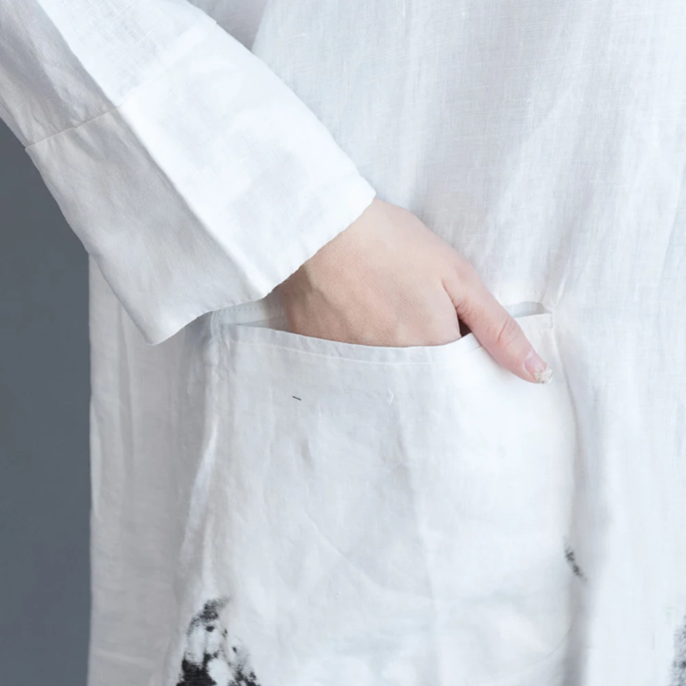 GUYUNYI осеннее женское платье-рубашка женские льняные платья с длинным рукавом Vestidos Повседневная винтажная одежда с принтом CX682