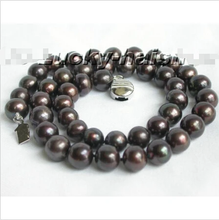 

Free shipping >>>>>>lustrous 10mm 17" round Black cultured pearl freshwater necklace j5751