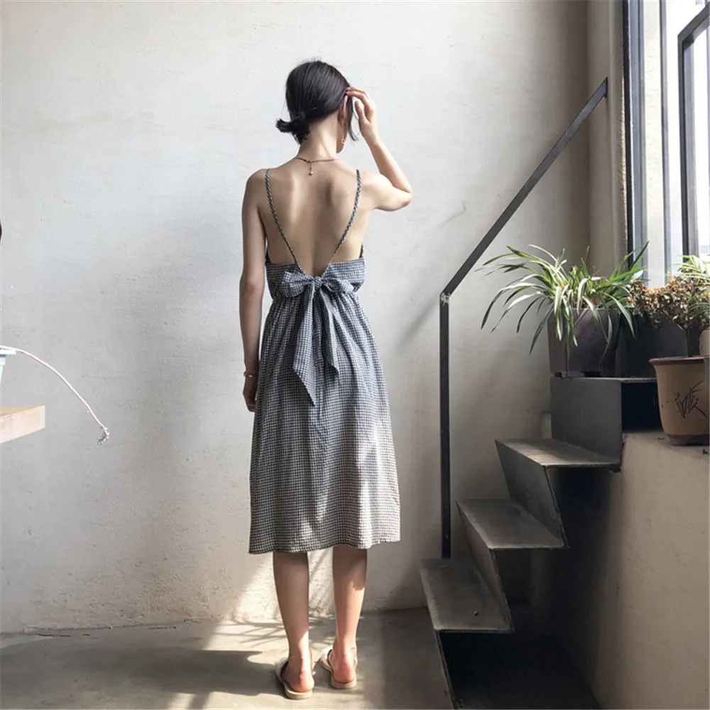 Sexy Backless Beach Dress 2018 Summer 2 types Short&long Plaid Vacation Dress Casual Vestidos Strapless Women Bow Dresses (32)