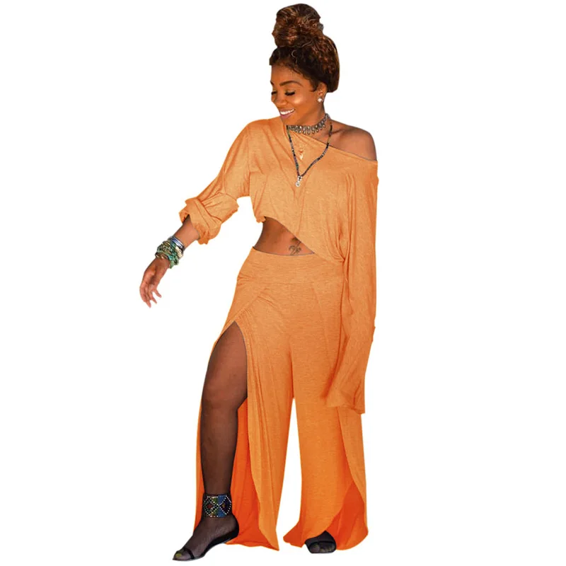 عارضة 2 قطعة مطابقة مجموعة ملابس حريمي واحدة الكتف كم طويل المحاصيل الأعلى + السامي سبليت واسعة الساق بانت رياضية اثنين قطعة الزي