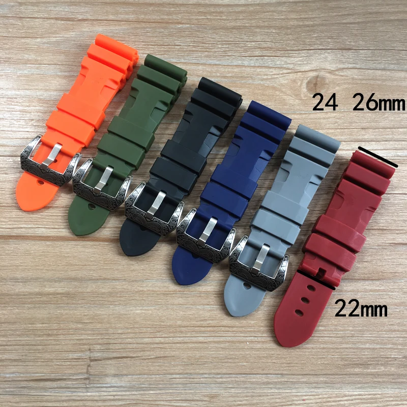 

24mm 26mm Orange Black Green Red Gray Blue Silicone Rubber Watchband For Panerai Belt Bronze Watch Strap PAM Bracelet Wristband