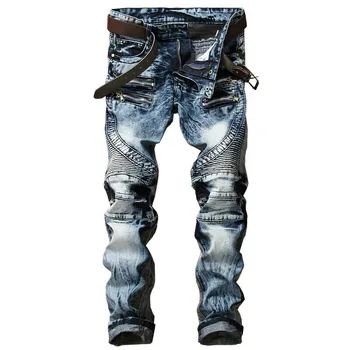 

2019 New Men's jeans High Street Slim Straight Locomotive Zipper Washed Denim trousers More Sizes 29-34 36 38
