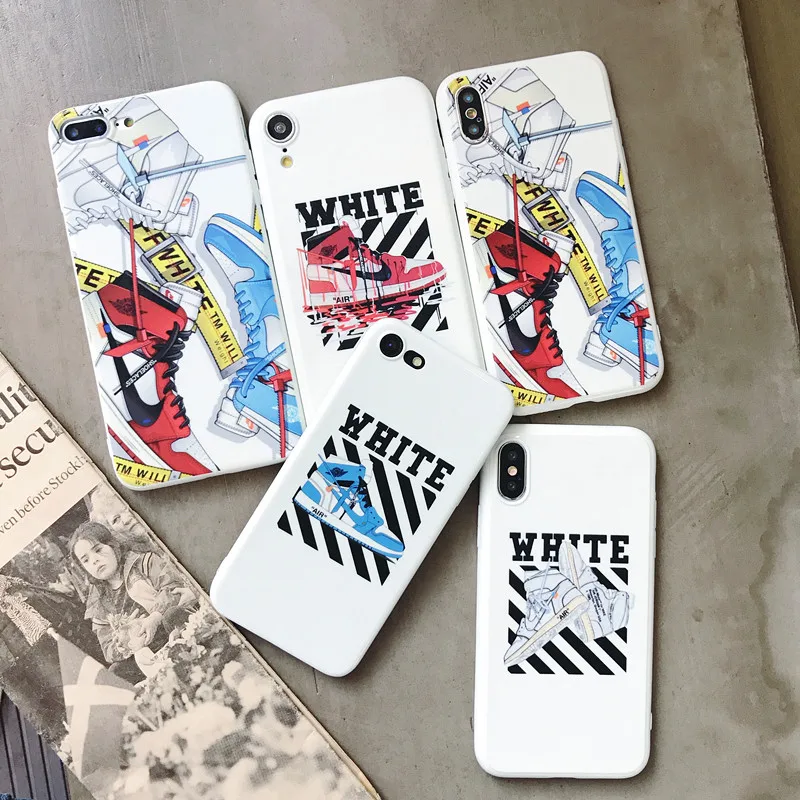 

Fashion Ow white Shoes Case for iphone 8 7 6 6S Plus X Xs Max Xr off AJ1 Air Glossy Soft silicon phone cover Suprr coque