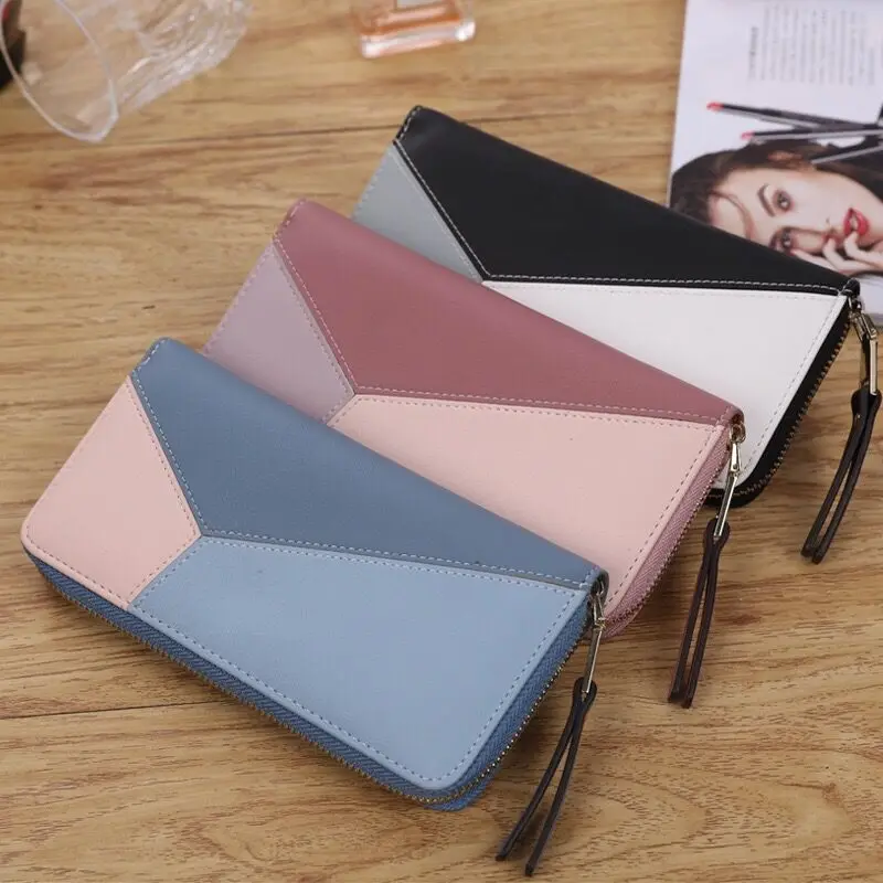 

New Three Color Large Size Women Wallets Long Beach Bags Lady Pattern Handbags Card Holder Zipper White Black Blue Purple Pink