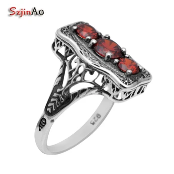 

Szjinao Sterling Silver Ring Gold and Silver Jewelry Border Flowers Fret Antique Jewelry Replica Garnet 925 Silver Ring