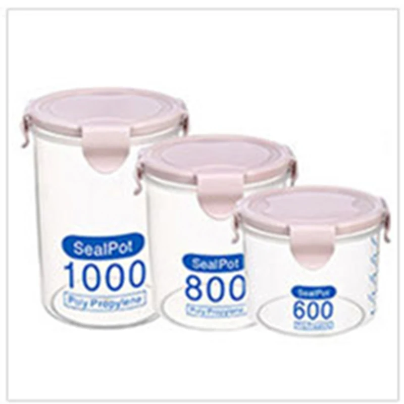 3 шт/набор(600 мл+ 800 мл+ 1000 мл) прозрачные пластиковые герметичные банки для хранения пищевых зерен на холодильник, кухонная коробка для зерновых - Цвет: 3pcs pink
