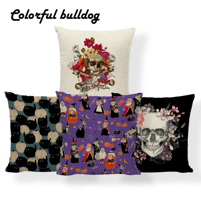 

Horror Pumpkin Witchcraft Cushion Cover Halloween Sugar Skull Pillowcase European Meditation Home Decor Throw Pillow 45*45 Linen