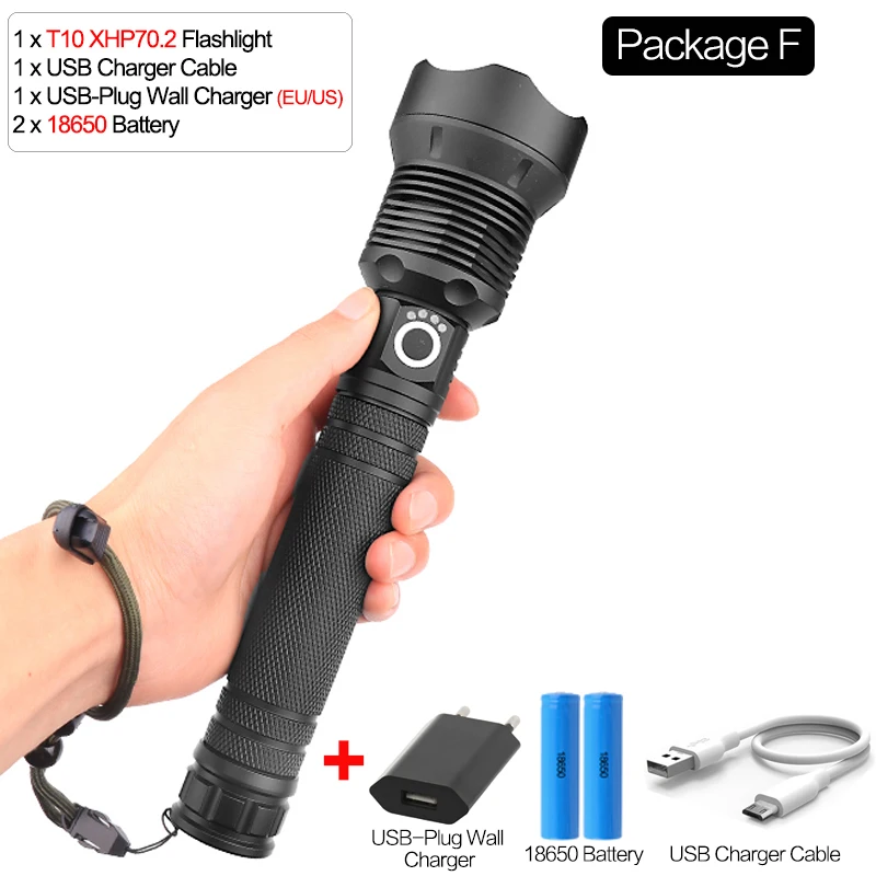 Package F Самая мощная лампа XHP70.2 самый мощный фонарик USB Zoom СВЕТОДИОДНЫЙ Фонарь XHP70 XHP50 18650 или 26650 батарея Лучший Отдых на природе - Испускаемый цвет: Package F